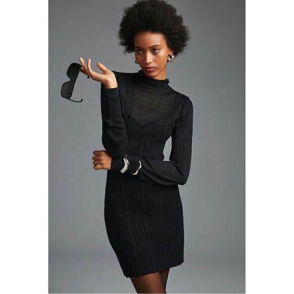 NEW By Anthropologie Turtleneck Fitted Bodycon Little Black Sweater Dress Small - Picture 1 of 4